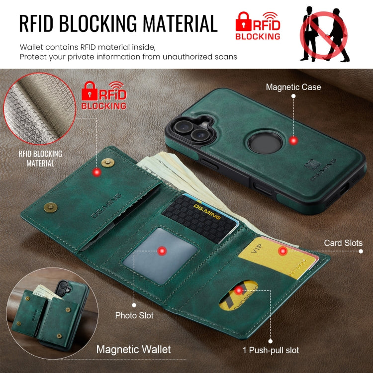 For iPhone 16 DG.MING M6 Series RFID Tri-fold Card Bag Removable Leather Phone Case(Green)
