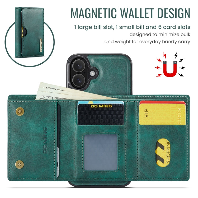 For iPhone 16 DG.MING M6 Series RFID Tri-fold Card Bag Removable Leather Phone Case(Green)