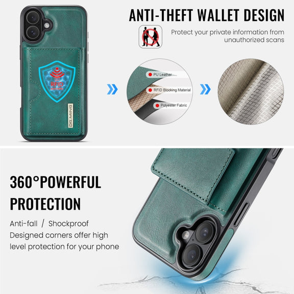 For iPhone 16 DG.MING M6 Series RFID Tri-fold Card Bag Removable Leather Phone Case(Green)