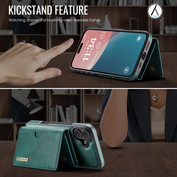 For iPhone 16 DG.MING M6 Series RFID Tri-fold Card Bag Removable Leather Phone Case(Green)