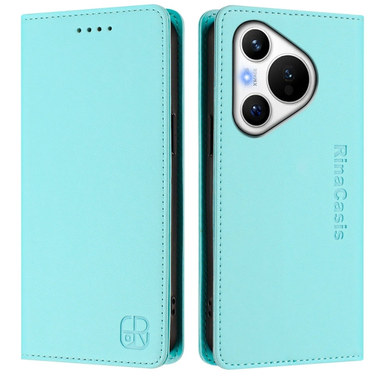 For Huawei Pura 70 RC01 Dual-Folded Magnetic Suction RFID Leather Phone Case(Mint Green)