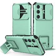 For Samsung Galaxy S25 5G Stereoscopic Holder Sliding Camshield Phone Case(Light Green)