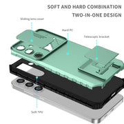 For Samsung Galaxy S25 5G Stereoscopic Holder Sliding Camshield Phone Case(Light Green)