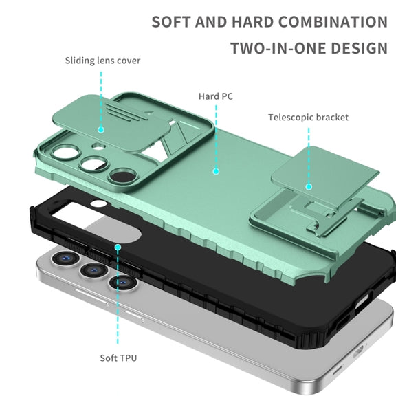 For Samsung Galaxy S25 5G Stereoscopic Holder Sliding Camshield Phone Case(Light Green)