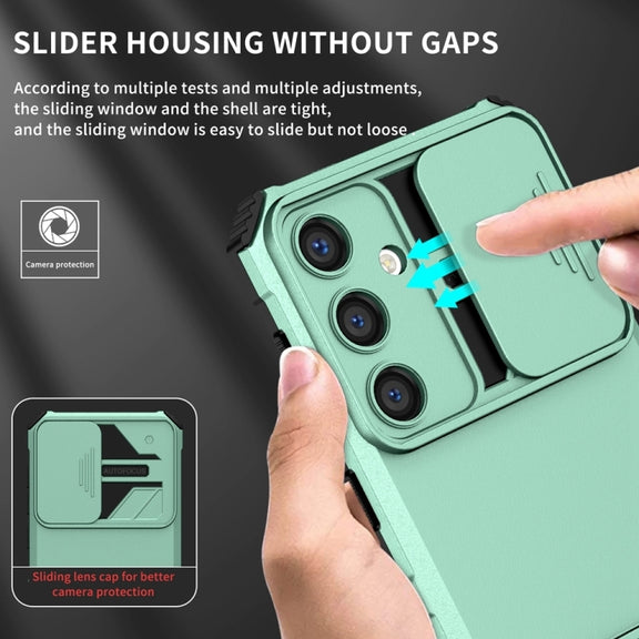 For Samsung Galaxy S25 5G Stereoscopic Holder Sliding Camshield Phone Case(Light Green)
