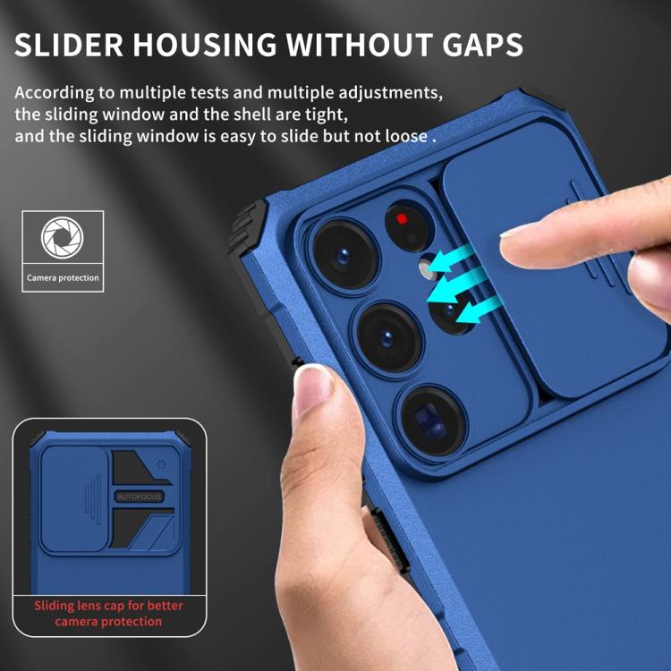 For Samsung Galaxy S25 Ultra 5G Stereoscopic Holder Sliding Camshield Phone Case(Blue)