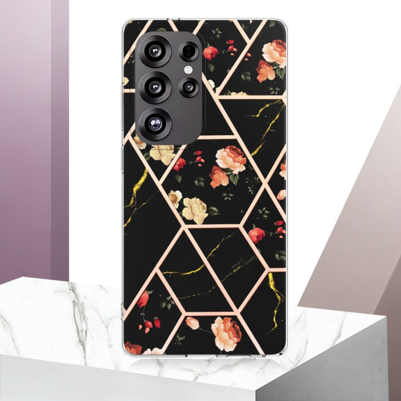 For Samsung Galaxy S25 Ultra 5G Splicing Marble Flower IMD TPU Phone Case(Black Flower)