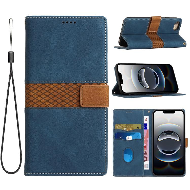 For iPhone 16e Grid Stitching Leather Phone Case with Lanyard(Blue)