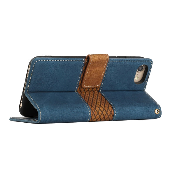 For iPhone 16e Grid Stitching Leather Phone Case with Lanyard(Blue)