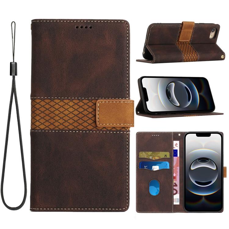 For iPhone 16e Grid Stitching Leather Phone Case with Lanyard(Brown)