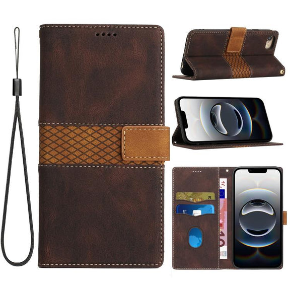For iPhone 16e Grid Stitching Leather Phone Case with Lanyard(Brown)