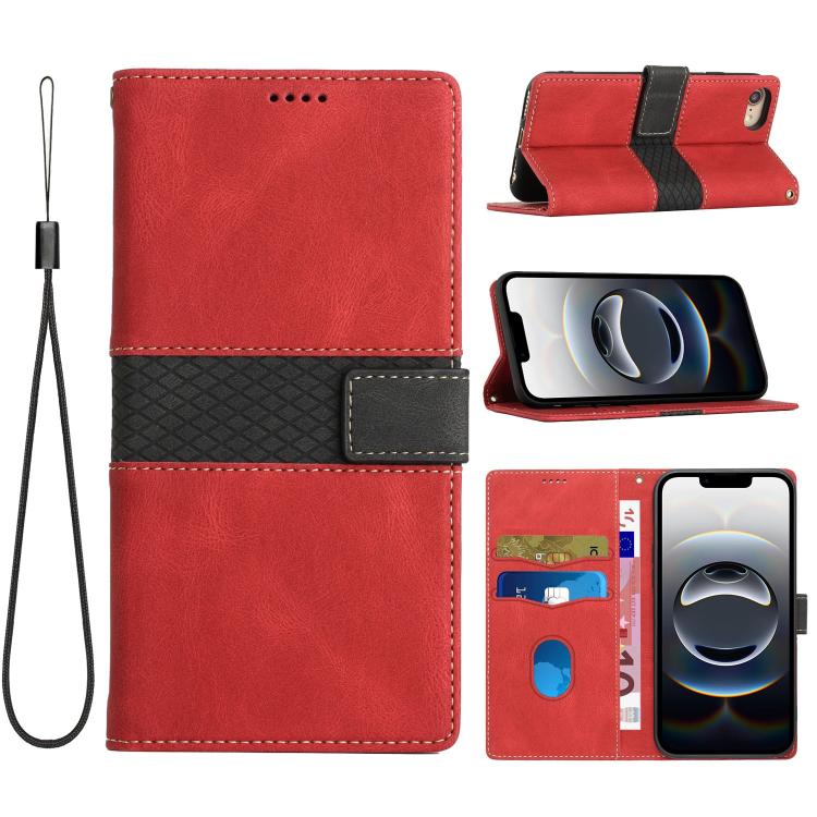 For iPhone 16e Grid Stitching Leather Phone Case with Lanyard(Red)