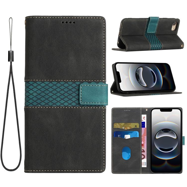 For iPhone 16e Grid Stitching Leather Phone Case with Lanyard(Black)