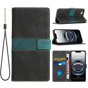 For iPhone 16e Grid Stitching Leather Phone Case with Lanyard(Black)