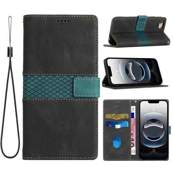 For iPhone 16e Grid Stitching Leather Phone Case with Lanyard(Black)
