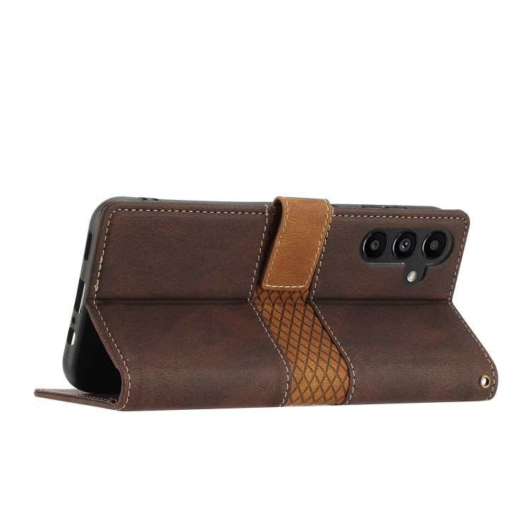 For Samsung Galaxy S25+ 5G Grid Stitching Leather Phone Case with Lanyard(Brown)