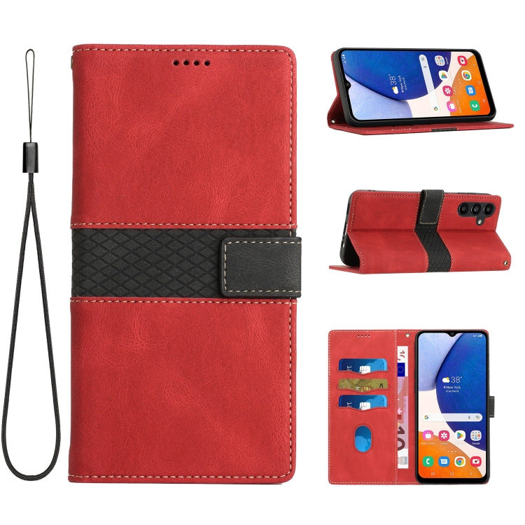 For Samsung Galaxy S25+ 5G Grid Stitching Leather Phone Case with Lanyard(Red)
