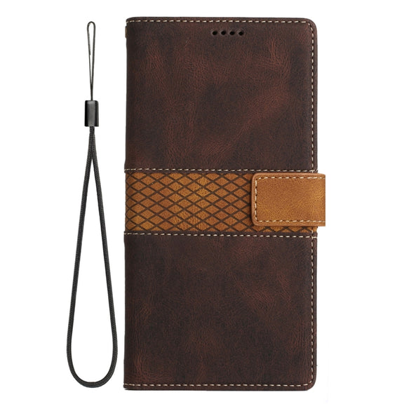 For Samsung Galaxy S25 Ultra 5G Grid Stitching Leather Phone Case with Lanyard(Brown)
