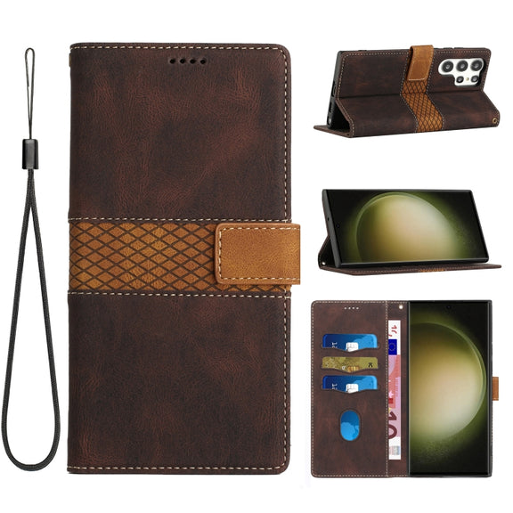 For Samsung Galaxy S25 Ultra 5G Grid Stitching Leather Phone Case with Lanyard(Brown)