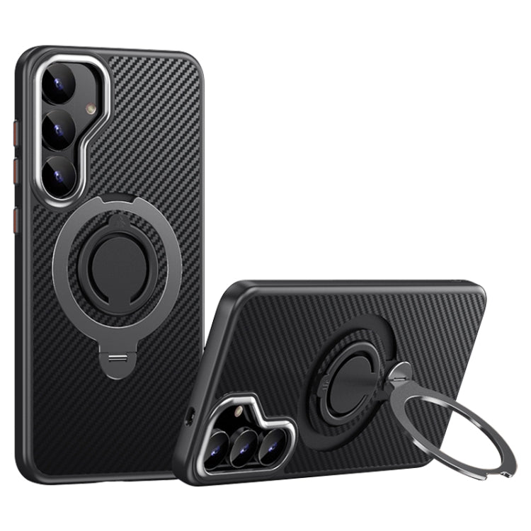 For Samsung Galaxy S25+ 5G Carbon Fiber MagSafe Phone Case with 360 Degree Rotating Holder(Black Grey)