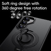 For Samsung Galaxy S25+ 5G Carbon Fiber MagSafe Phone Case with 360 Degree Rotating Holder(Black Grey)