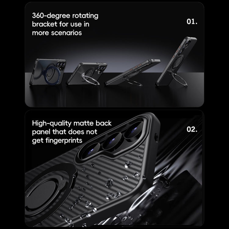 For Samsung Galaxy S25+ 5G Carbon Fiber MagSafe Phone Case with 360 Degree Rotating Holder(Black Grey)
