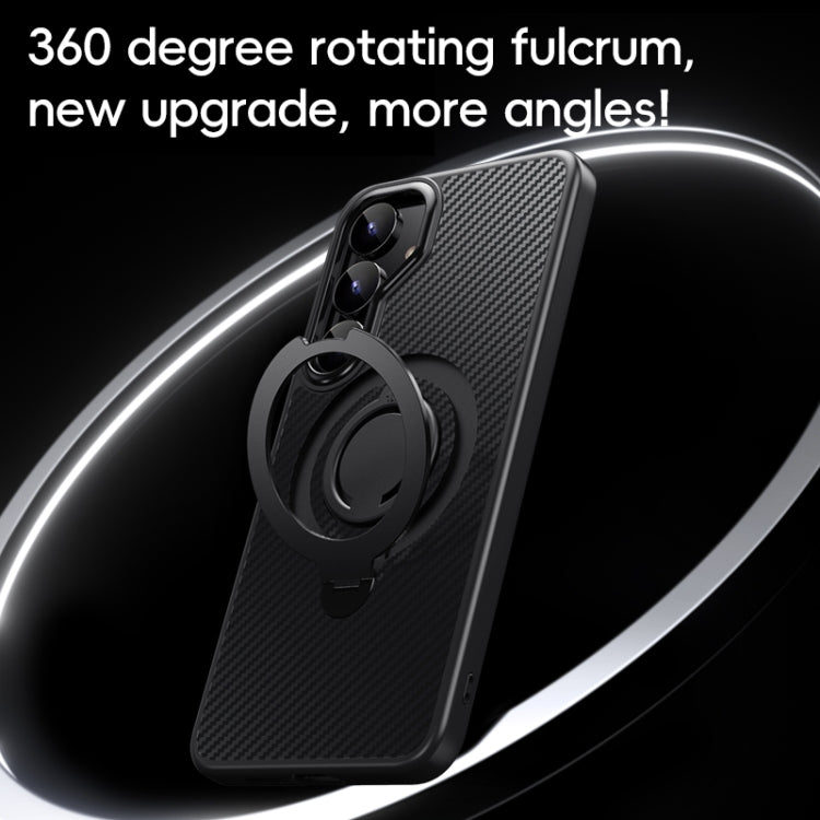 For Samsung Galaxy S25+ 5G Carbon Fiber MagSafe Phone Case with 360 Degree Rotating Holder(Black Grey)