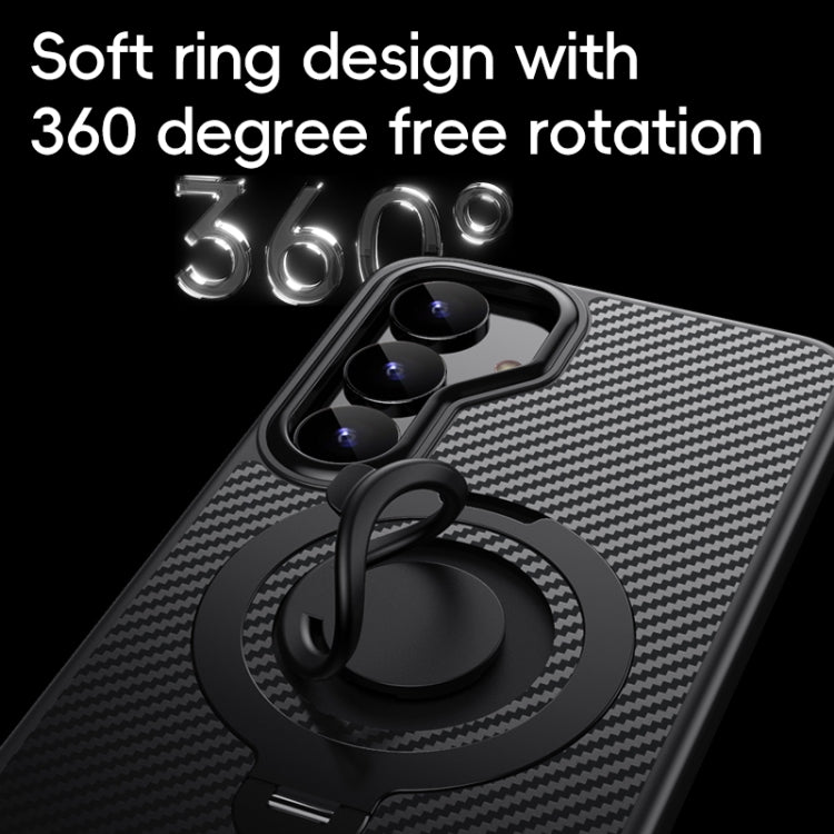 For Samsung Galaxy S25 5G Carbon Fiber MagSafe Phone Case with 360 Degree Rotating Holder(Black)
