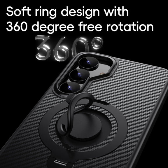 For Samsung Galaxy S25 5G Carbon Fiber MagSafe Phone Case with 360 Degree Rotating Holder(Black)