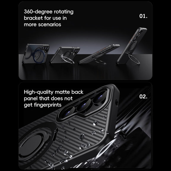 For Samsung Galaxy S25 5G Carbon Fiber MagSafe Phone Case with 360 Degree Rotating Holder(Black)