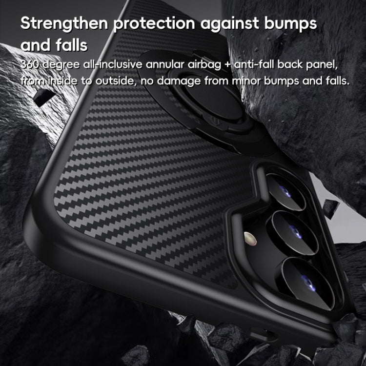 For Samsung Galaxy S25 5G Carbon Fiber MagSafe Phone Case with 360 Degree Rotating Holder(Black)