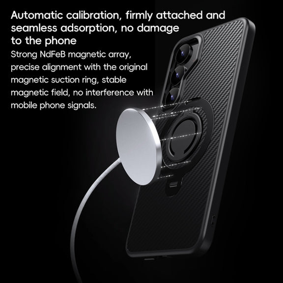For Samsung Galaxy S25 5G Carbon Fiber MagSafe Phone Case with 360 Degree Rotating Holder(Black)