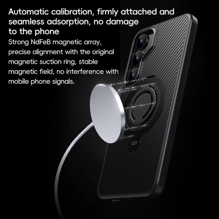 For Samsung Galaxy S25 5G Carbon Fiber MagSafe Phone Case with 360 Degree Rotating Holder(Black)