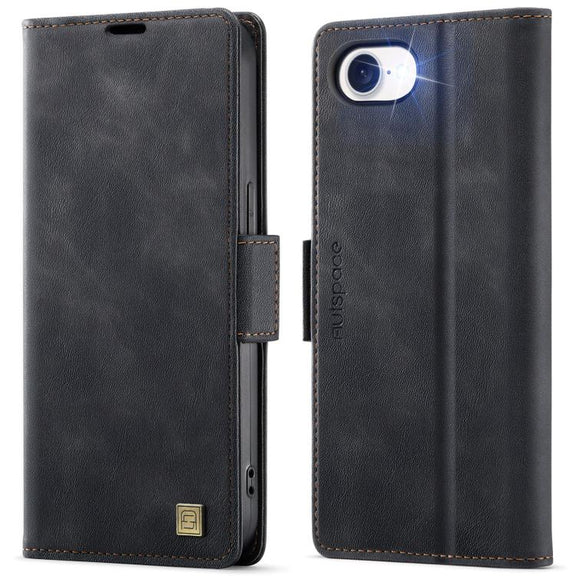 For iPhone 16e AutSpace A11 Side Buckle MagSafe Magnetic RFID Phone Leather Case(Black)