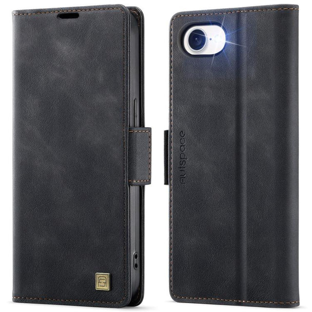 For iPhone 16e AutSpace A11 Side Buckle MagSafe Magnetic RFID Phone Leather Case(Black)