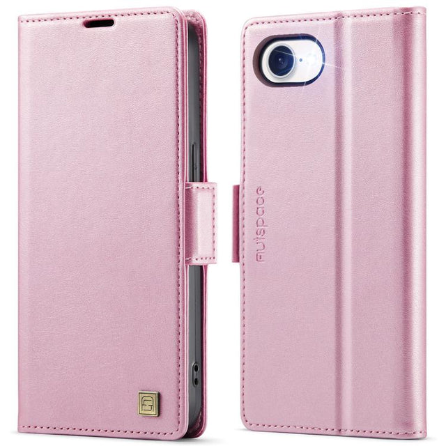 For iPhone 16e AutSpace A11 Side Buckle MagSafe Magnetic RFID Phone Leather Case(Rose Gold)