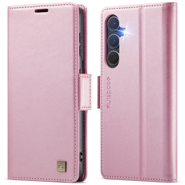 For Samsung Galaxy S25 5G AutSpace A11 Side Buckle MagSafe Magnetic RFID Phone Leather Case(Rose Gold)