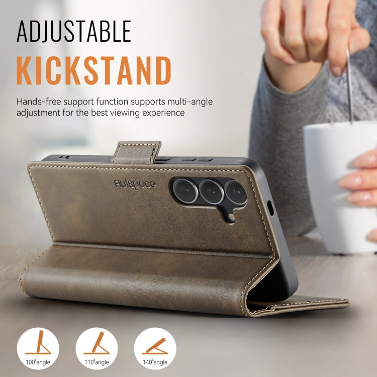 For Samsung Galaxy S25 5G AutSpace A11 Side Buckle MagSafe Magnetic RFID Phone Leather Case(Coffee)