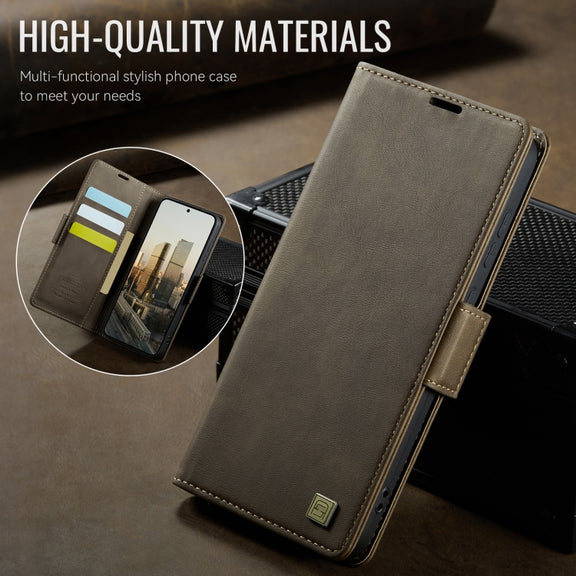 For Samsung Galaxy S25 5G AutSpace A11 Side Buckle MagSafe Magnetic RFID Phone Leather Case(Coffee)