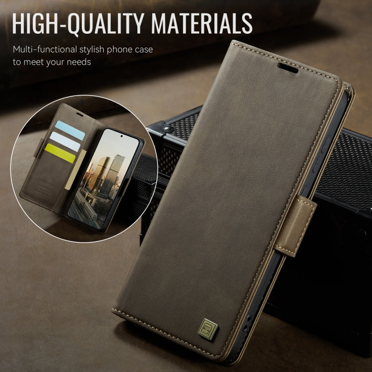 For Samsung Galaxy S25 5G AutSpace A11 Side Buckle MagSafe Magnetic RFID Phone Leather Case(Coffee)