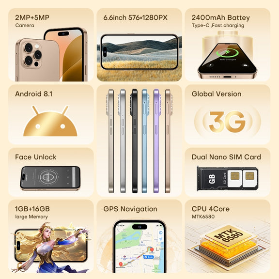 U218 / i16 Pro Max, 1GB+16GB, 6.6 inch Android 8.1 MTK6580A Quad Core, OTG, Network: 3G, Dual SIM, Plug:US Plug(White)