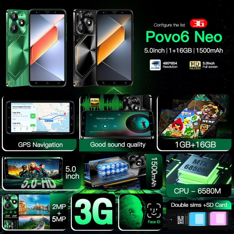 Povo6 Neo / DP29, 1GB+16GB, Face Identification, 5.0 inch Android 8.1 MTK6580M Quad Core, Network: 3G, Dual SIM, Plug:US Plug(Green)