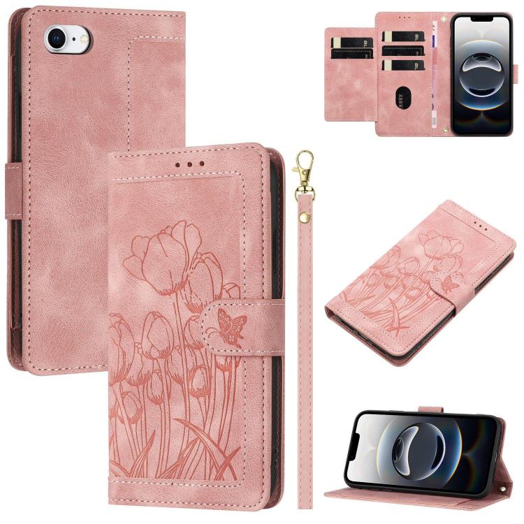 For iPhone 16e Tulips Embossed Leather Phone Case with Lanyard(Pink)