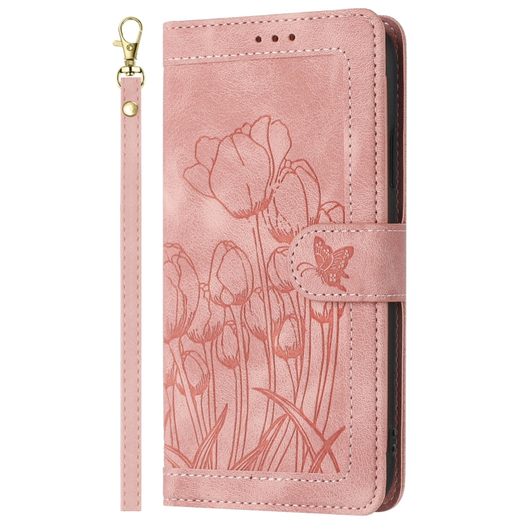 For iPhone 16e Tulips Embossed Leather Phone Case with Lanyard(Pink)