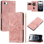 For iPhone 16e Tulips Embossed Leather Phone Case with Lanyard(Pink)