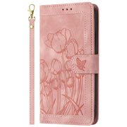 For iPhone 16e Tulips Embossed Leather Phone Case with Lanyard(Pink)