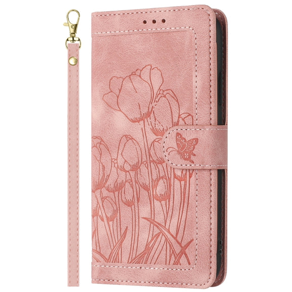 For iPhone 16e Tulips Embossed Leather Phone Case with Lanyard(Pink)