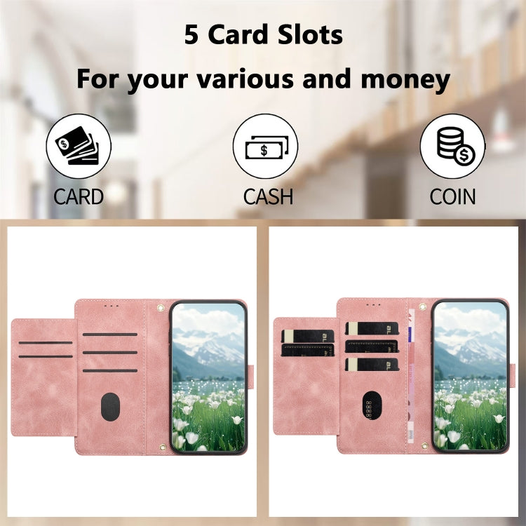 For iPhone 16e Tulips Embossed Leather Phone Case with Lanyard(Pink)