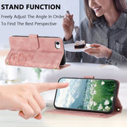 For iPhone 16e Tulips Embossed Leather Phone Case with Lanyard(Pink)