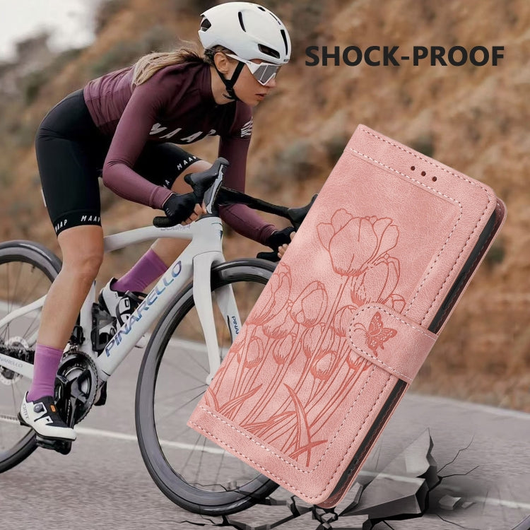 For iPhone 16e Tulips Embossed Leather Phone Case with Lanyard(Pink)